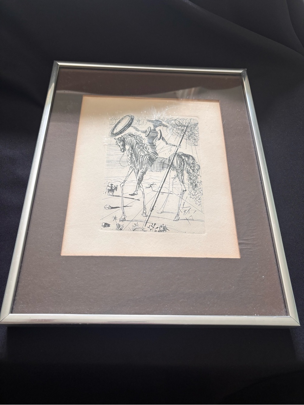 Framed Don Quixote etching by Salvador Dali
